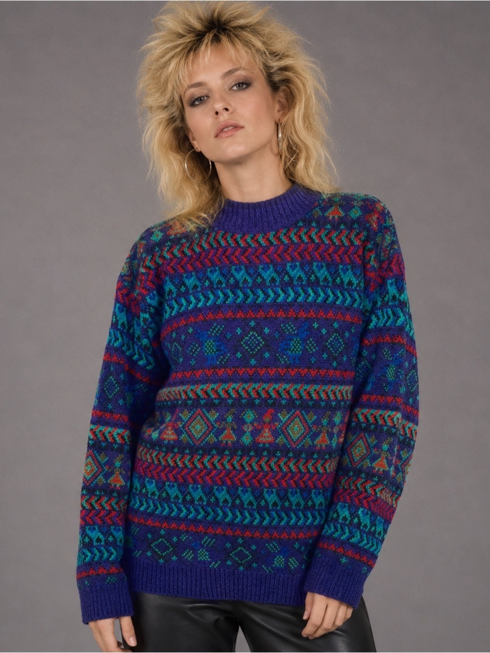 Vintage Meister Sweater Bright Blue Purple Fair Isle Striped 80s Unisex Size M